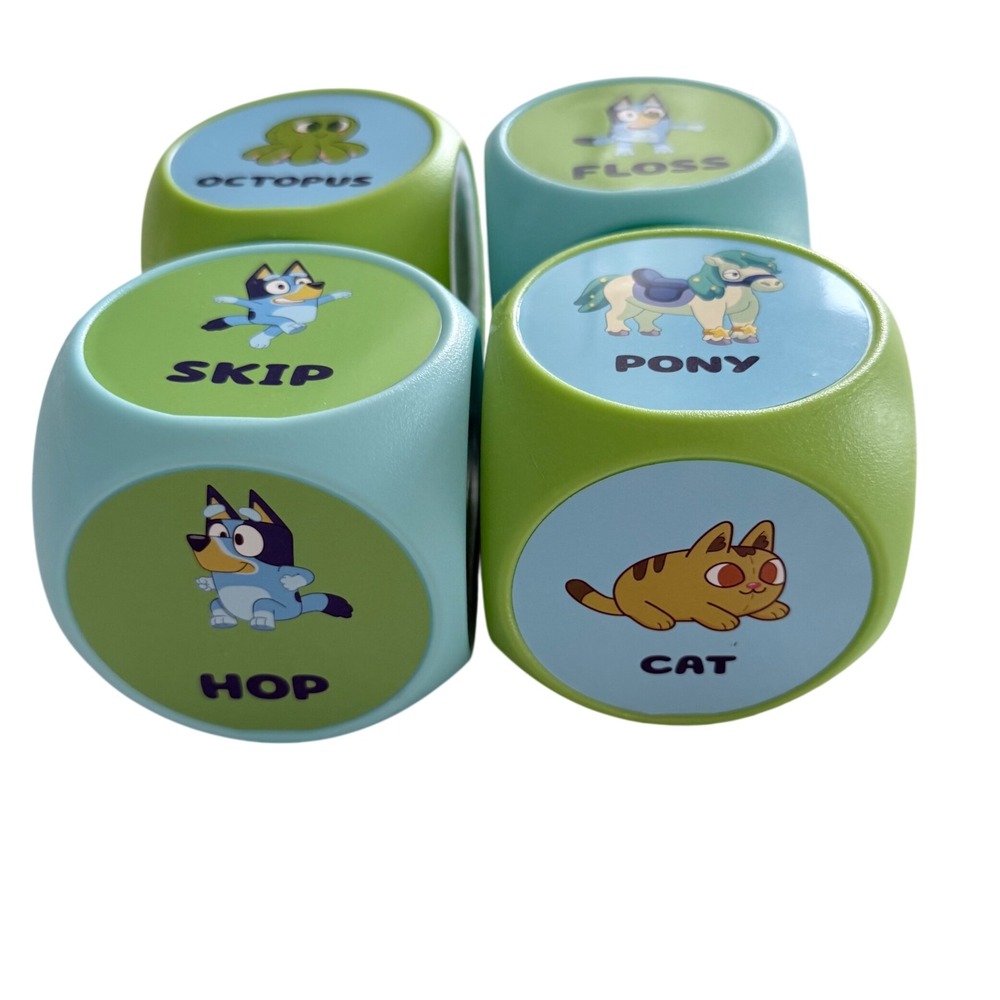 Bluey Action Dice Kids OS Blue Green 4 Inch Movement Game 4pc Set Plastic